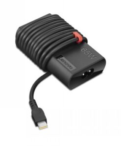 Ohut ja musta Lenovo 65W USB-C virtalähde, jossa punainen yksityiskohta johto-osassa, ylhäältä kuvattuna.