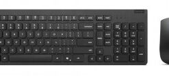 Musta Lenovo-langaton näppäimistö ja hiiri USB-vastaanottimen kanssa, kuvattu edestä.