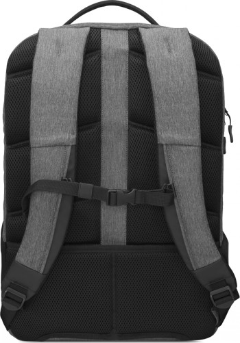 Harmaamusta Lenovo Business Casual -reppu, pehmustetut olkaimet ja hengittävä selkäosa, kuvattu takaapäin.