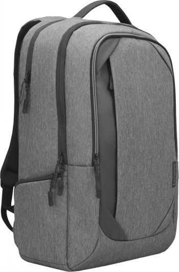 Harmaa Lenovo Business Casual Backpack 17-tuuman reppu, jossa vetoketjulliset taskut ja ergonomiset olkahihnat, sivuprofiili.