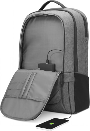Harmaa Lenovo Business Casual -reppu, avattu etutasku, sisällä lokerot ja powerbank-pidike.