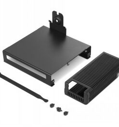 Lenovo ThinkCentre Tiny Mounting Kit -kiinnityssarja, mustat osat, ruuvit, työkalut ja jäähdytyksen lisäosa.