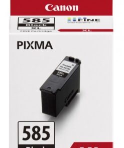 Canon PG-585XL mustekasetin pakkaus, valkoinen ja punainen laatikko, musta kasetti näkyvissä.