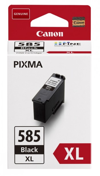 Canon PG-585XL mustekasetin pakkaus, valkoinen ja punainen laatikko, musta kasetti näkyvissä.