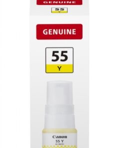 Canon GI-55 Y keltainen mustepullo pystyasennossa valkoisessa pakkauksessa, brändin logo yläosassa.