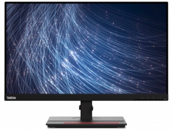 Lenovo 23,8" tasapohjainen musta näyttö, ohuet reunat, sisäänrakennetut kaiuttimet, näkymä edestä, ruudulla sinisiä valoja.