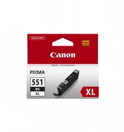 Canon PIXMA CLI-551XL BK mustepatruuna pakkauksessaan, punainen ja valkoinen tausta.