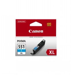 Canonin suurikokoinen sininen CLI-551XL-mustepatruuna pakkauksessaan valkoisella taustalla.