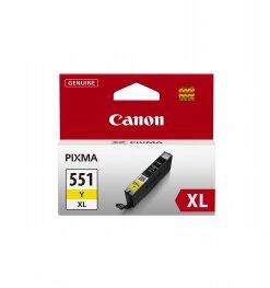 Canonin mustekasetti CLI-551XL Y, keltainen, pakkauksessa puna-valkoinen tausta.