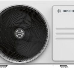 Valkoinen Bosch ulkoyksikkö, ilmastointilaite, edestä kuvattuna, pyöreä tuuletin ja Bosch-logo oikeassa yläkulmassa.