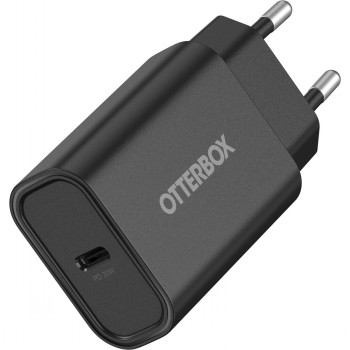 Musta Otterboxin USB-C seinälaturi, kompakti 30 W malli, jossa näkyy yksi USB-C-portti ja eurooppalainen pistoke.