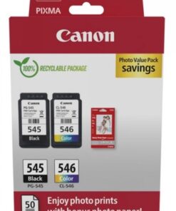 Canon PG-545 ja CL-546 värikasetit pakkauksessaan, mukana valokuvapaperia.