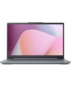 Lenovo IdeaPad Slim 3 kannettava harmaana, taustalla vaaleanpunaisen ja valkoisen sävyjä.