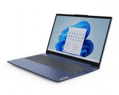Tummansininen Lenovo IdeaPad Slim 3 kannettava tietokone, avattuna, näytöllä Windows 11 -käyttöjärjestelmä.