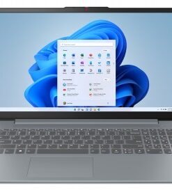 Harmaa Lenovo IdeaPad Slim 3 -kannettava, jossa 15,6 tuuman täysteräväpiirtonäyttö ja Windows 11 käyttöliittymä näkyvissä.