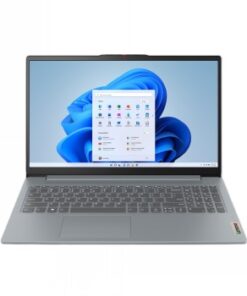 Harmaa Lenovo IdeaPad Slim 3 -kannettava, 15,6 tuuman näyttö, Windows 11 -käyttöliittymä näkyvissä.