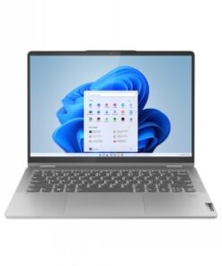 Hopeanvärinen Lenovo Flex 5 -kannettava, jossa kosketusnäyttö ja Windows 11 aloitusnäyttö näkyvissä.