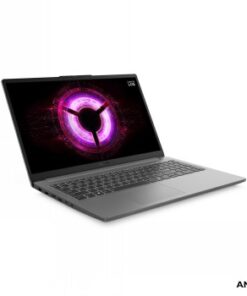 Lenovo LOQ 15,6 tuuman kannettava tumma metallirunko, valaistu näppäimistö ja näyttö, jossa violetti graafinen kuvio.