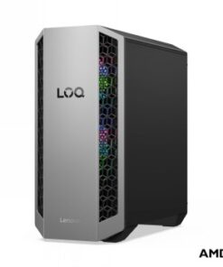 Lenovo LOQ Tower -tietokone, hopeinen etupaneeli ja musta runko, moderni kennokuvio ja valaistus.