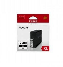 Canon PGI-2500XL musta XL-mustekasetti pakkauksessaan, puna-valkoinen laatikko.