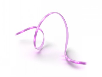 Vaaleanvioletti, taipuisa LED-valonauha valkoisella taustalla.