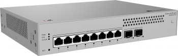 Hopeanharmaa Huawei-ekit-kytkin, jossa 8 Ethernet-porttia ja 2 SFP-porttia etupaneelissa.