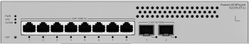 Huawei ekit switch, harmaa, 8 Ethernet-porttia ja 2 SFP-porttia, virtaliitäntä oikeassa reunassa.