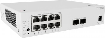 Valkoinen, tuuletinoton ja kahdeksan Ethernet-portin verkkokytkin, Huawei-logo yläkulmassa.