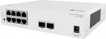 Valkoinen Huawei ekit switch, jonka etuosassa on 8 Ethernet-porttia ja 2 SFP-porttia, sivussa tuuletusaukot.