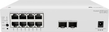Harmaa Huawei eKit Switch S210-8P2J lähikuvassa, kahdeksan Ethernet-porttia ja kaksi SFP-porttia etulevyssä.