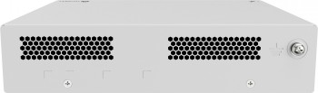 Vaalea, tuulettimeton Huawei-verkko kytkin, jossa kaksi ritilää ja USB-liitäntä edessä.