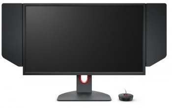 27 tuuman Benq Zowie XL2746K -pelinäyttö mustin reunuksin ja suojapaneelein, mukana pieni ohjausyksikkö.