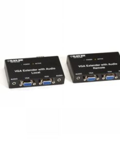 Musta Black Box VGA Extender -kitti sisältäen kaksi yksikköä, useita portteja ja tekstimerkintöjä.