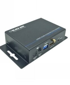 Musta suorakaiteen muotoinen HDMI 2.0 audio embedder/de-embedder, jossa liitännät näkyvissä etupuolella.