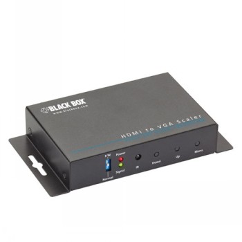 Mustan suorakulmaisen HDMI-VGA-sovittimen etupaneeli, jossa merkkivalot ja painikkeet.