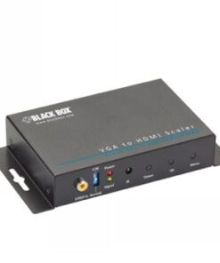 Musta suorakulmainen Black Box VGA-HDMI-muunnin, jossa on liitännät ja painikkeet päädyssä.