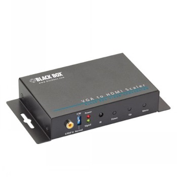 Musta suorakulmainen Black Box VGA-HDMI-muunnin, jossa on liitännät ja painikkeet päädyssä.