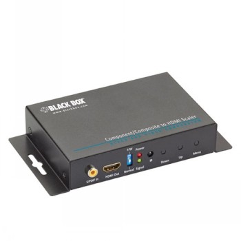 Mustakoteloitu HDMI-skaalain ja -muunnin, jossa liitännät edessä ja Black Box -logo kannessa.