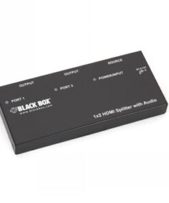 Musta suorakulmainen Black Box HDMI-splitteri, jossa portti- ja virtamerkinnät valkoisella.