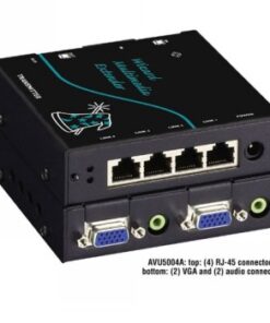 Musta Black Box -lähetin, jossa 4 RJ-45-porttia sekä kaksi VGA- ja audioliitäntää, musta metallirunko.