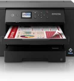 Musta Epson WorkForce WF-7310DTW -tulostin, avoin paperilokero, värillinen tuloste.