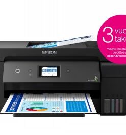 Mustavalkoinen Epson EcoTank ET-15000 -monitoimitulostin, jossa näkyy ohut ja moderni muotoilu sekä värikirkaat tulosteet.