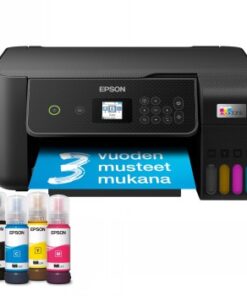 Epson EcoTank ET-2870 mustesuihkutulostin, musta, etunäkymä, mukana mustepullot.