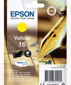Epson Pen&C 16 keltainen mustepatruuna pakkauksessaan, taustalla kultainen täytekynän kärki.