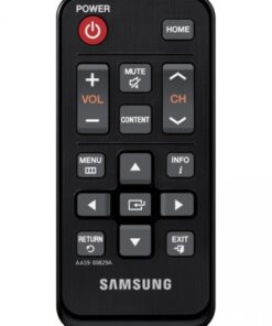 Mustapintainen Samsung-kaukosäädin, painikkeita äänenvoimakkuudelle, kanaville ja valikolle.
