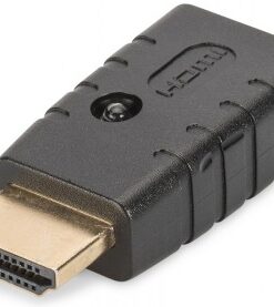 Musta suorakulmainen HDMI EDID -emulaattori, jossa kultainen HDMI-liitin, kuvattuna ylhäältä.