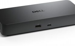 Musta Dell Pro Dock -telakka, jossa USB-A- ja USB-C-portit edessä. Suorakulmainen muoto ja minimalistinen muotoilu.