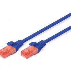 Sininen 1 metrin mittainen CAT 6 -verkkokaapeli, jossa oranssit liittimet.