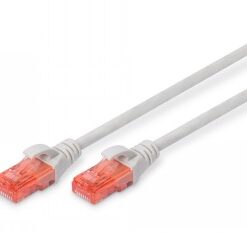 Harmaa 1 metrin CAT 6 U-UTP -verkkokaapeli oransseilla liittimillä, vaakasuorassa asennossa.