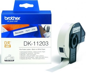 Brother DK11203 -tiedostokansiotarrarulla ja pakkauksessa näkyvät tarran käyttöesimerkit.